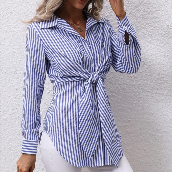 Classic Striped Knot Front Curved Hem Button Down Shirt Top Blouse - Picture 5 of 8